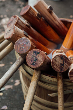 Wooden mallet, or kine (杵) used to pound rice to make mochi in mochitsuki festival in Japan.