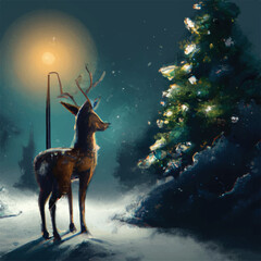 Digital Art of a deer looking at Christmas tree