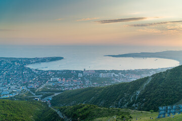 Russia. August 14, 2022. View of Gelendzhik Bay from the height of the Markhotsky ridge.