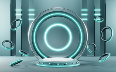 3D render of Podium background in blue tones for displaying cream products. cosmetics