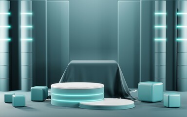 Naklejka na ściany i meble 3D render of Podium background in blue tones for displaying cream products. cosmetics