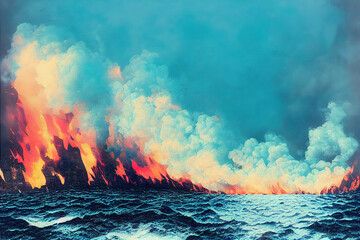 illustration of a burning ocean, oil disaster scene