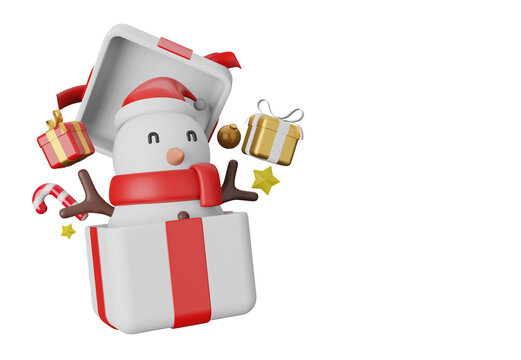 3d illustration Christmas with snow man in a big white gift box