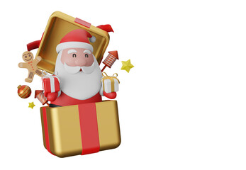 3d illustration Christmas with Santa Claus in a big gold gift box
