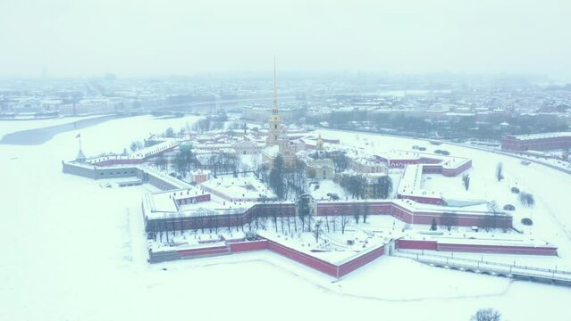 Snowfall in the Saint-Petersburg city, famous landmark Peter and Paul fortress at winter season