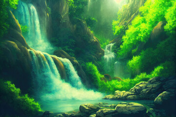 green spreading rainforest with a waterfall