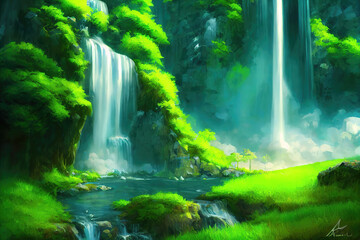 rainforest illustration with a small and a big giant waterfall