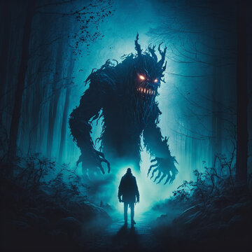 Scary monster in fog night forest. Fear and horror.