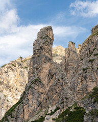 Interesting rock formations in the Alps. Dolomites. Outdoor tourism. Famous places to stay. Beautiful views. Mountain tops. Italy
