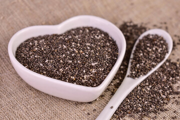 Chia seeds in a heart-shaped plate.Close-up.
