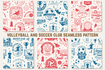 Fototapeta na wymiar Volleyball and soccer, football club seamless pattern. Vector. For football club background with volleyball, soccer, football player, goalkeeper and gate silhouettes. Concept for soccer sport pattern