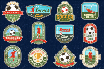 Set of soccer club patch, sticker, logo, badge design. Vector illustration. For football sport club sign, logo, label, sticker, patch with goalkeeper, gate and soccer player silhouettes.