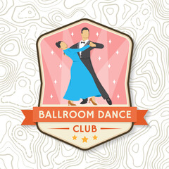 Ballroom dance sport club badges Logo Patch. Concept for shirt or logo, print, stamp or tee. Dance sport sticker with man and woman silhouette. Vector. Tango, waltz, couples dancing ballroom style.