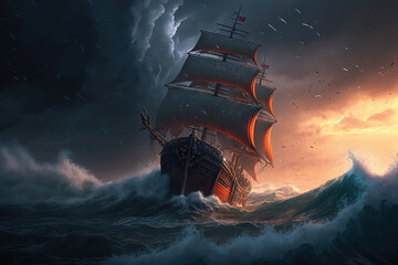 AI generated image of an ocean sailing ship in distress, struggling to stay afloat, in a heavy storm with big waves	
