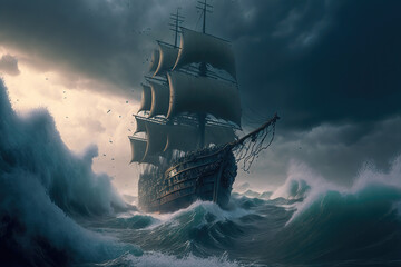 AI generated image of an ocean sailing ship in distress, struggling to stay afloat, in a heavy storm with big waves	
 - obrazy, fototapety, plakaty