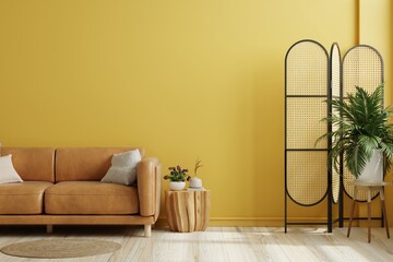 Yellow wall interior living room have orange leather sofa and decoration minimal.
