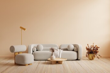 Boho style interior with gray sofa and armchair on cream color wall. - obrazy, fototapety, plakaty