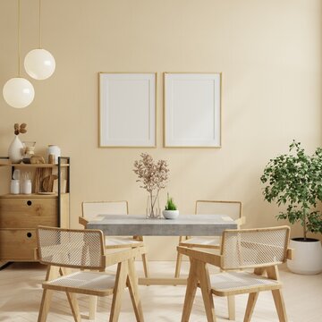 Frame mockup in luxury dining room and cream color background.