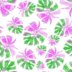 Kunstfelldecke mit Muster Tropische Pflanzen Watercolor seamless pattern with colorful abstract tropical leaves. Bright summer print with exotic plants. Creative trendy botanical textile design. 
