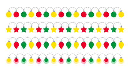 Decorative border with glowing light bulbs for winter Christmas concept. It is a combination of red, green and yellow color bulbs. Light bulbs to decorate the tree.