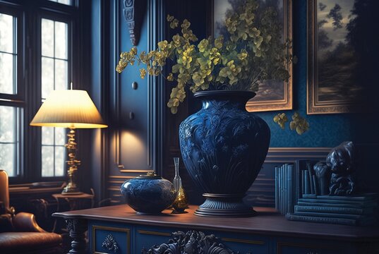 Living room indigo blue interior, digital illustration