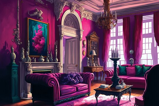 Magenta Hot Pink Interior Palace, Luxury Living Room, Digital Illustration