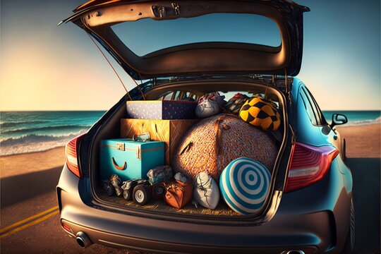 holiday car on the beach, suitcase in the overload trunk,  family summer vacations by the sea, fictional car created with generative ai