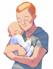 A father cuddling his newborn baby. Illustration