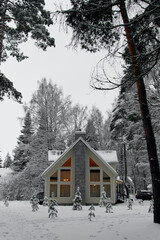 Winter landscape. Beautiful cottage on the background of snow-covered fir branches. Family house in the countryside. Christmas and New year concept. Rent a country house for a large company