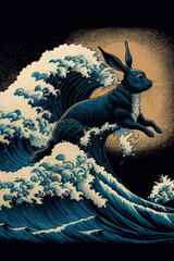 Black rabbit jumping on the great wave, black water rabbit, the sun background, oriental Hokusai painting style, AI generated image