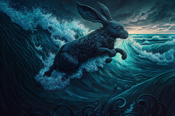 Obraz premium Black rabbit in the high waves, fantasy art, Year of the Black Water Rabbit, AI generated image