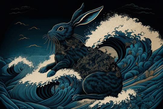 Black rabbit in the waves, black water rabbit, Hokusai painting style, AI generated image
