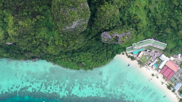 Aerial tropical sea beach Nature ocean blue crystal water island coastline Aerial view shot on drone camera Andaman sea Location Phi Phi Island in Thailand