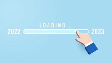 Man hand touching loading bar for countdown to 2023. Loading year 2022 to 2023.Vector illustration. Start concept