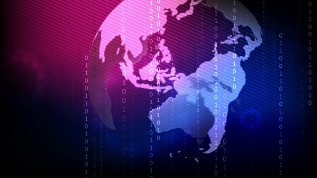 Technology futuristic background with globe and binary code. Seamless looping abstract blue purple motion design. Video animation Ultra HD 4K 3840x2160