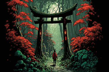 Torii, Japanese Gate, Torii Forest Background, Concept Art, Digital Illustration, Anime, Generative AI - obrazy, fototapety, plakaty