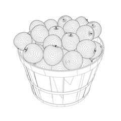 Outline of a pile of apples in a bucket from black lines isolated on a white background. Isometric view. 3D. Vector illustration.