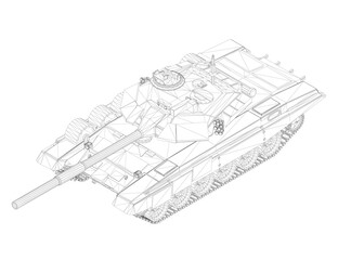 Battle tank wireframe from black lines isolated on white background. Isometric view. 3D. Vector illustration.