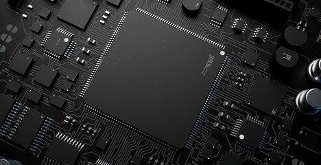 Fototapeta premium Artificial intelligence chip close-up. printed circuit board with microchips on it close-up 3D rendering