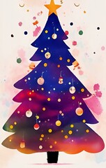 Digital watercolor painting - christmas tree with christmas celebration decorations, balls, star, lights and illumination. Art print. Holiday eve background design.