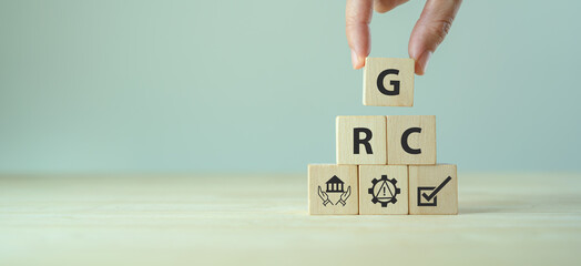 GRC Governance Risk and Compliance concept. Structuring way to align IT with business goals. Reduce...