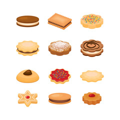 Fototapeta na wymiar Cookies and tea cakes icon set vector. Biscuits icons vector isolated on a white background. Different types of cookies drawing. Shortbread cookie collection