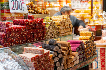 Traditional Turkish dessert baklawa in different flavors and styles in the Egyptian bazaar in...