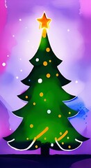 Fototapeta premium Digital watercolor painting - christmas tree with christmas celebration decorations, balls, star, lights and illumination. Art print. Holiday eve background design.