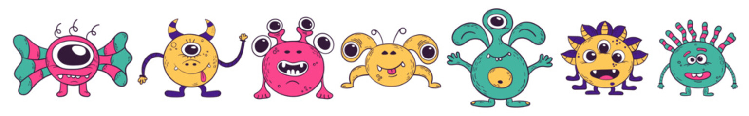 A set of seven vector monsters. Funny cartoon aliens.  Funny multi-coloured scarecrows.