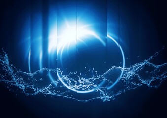 3d illustration combining blue water splash and blue light circle in science concept