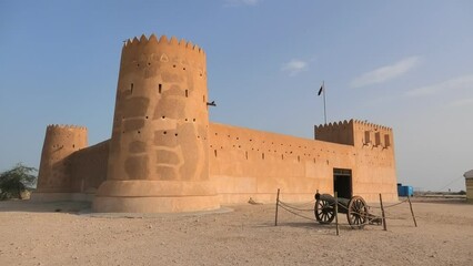 The historic Al Zubara Fort in Qatar, located in the Middle East on the Arabian Peninsula of the Persian Gulf in the north of the country, boasts a cannon from its days as a Qatari military fortress.