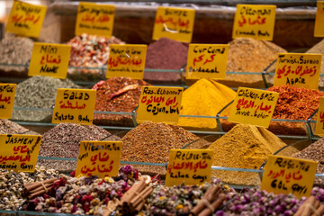 Traditional Turkish dessert baklawa in different flavors and styles in the Egyptian bazaar in Istanbul. Dessert shop at grand bazar baklava ramadan