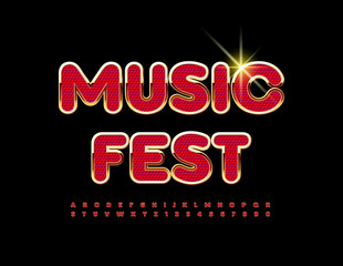 Vector chic Sign Music Fest. Red and Golden luxury Font. Artistic Alphabet Letters and Numbers.