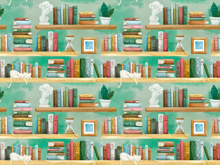 Watercolor pattern of bookshelves on a green background.